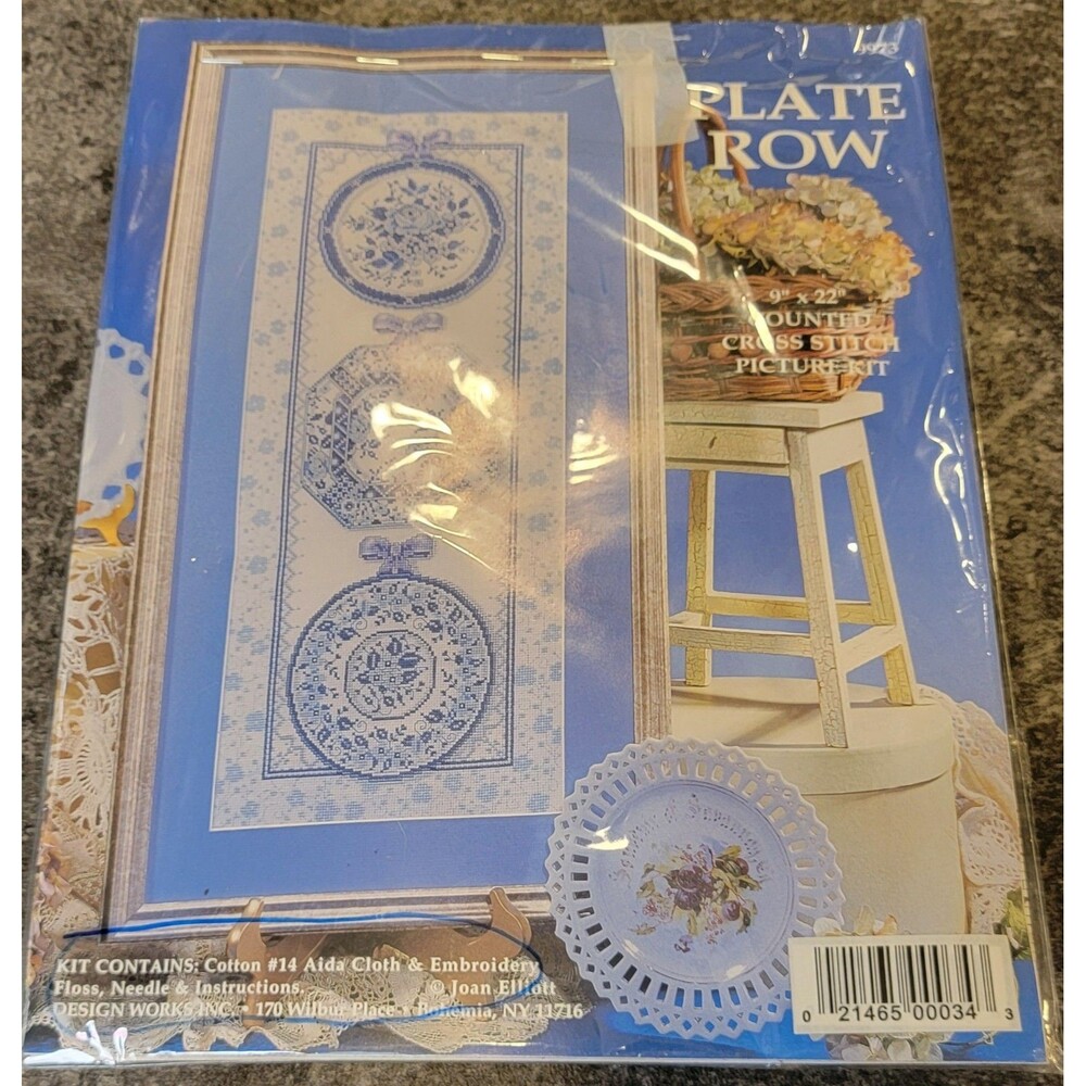 "Plate Row" Counted Cross Stitch Kit #9973 Design Works Size 9 X 22 BLUE WHITE